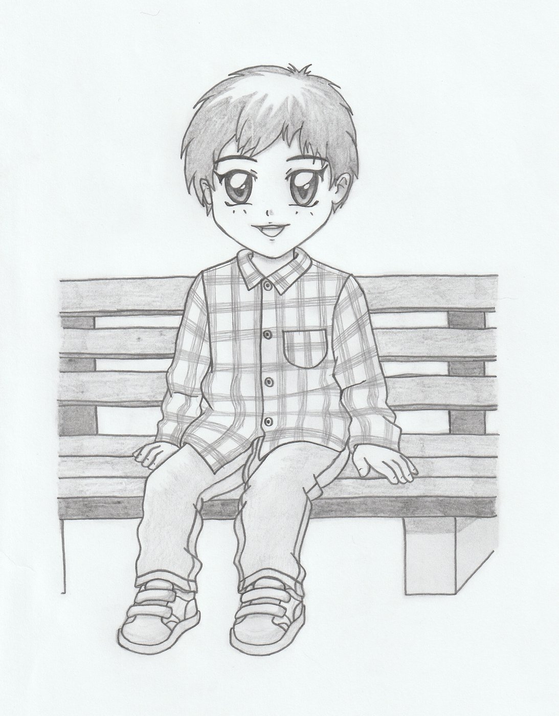 Full-figure pencil portrait of a boy on a bench