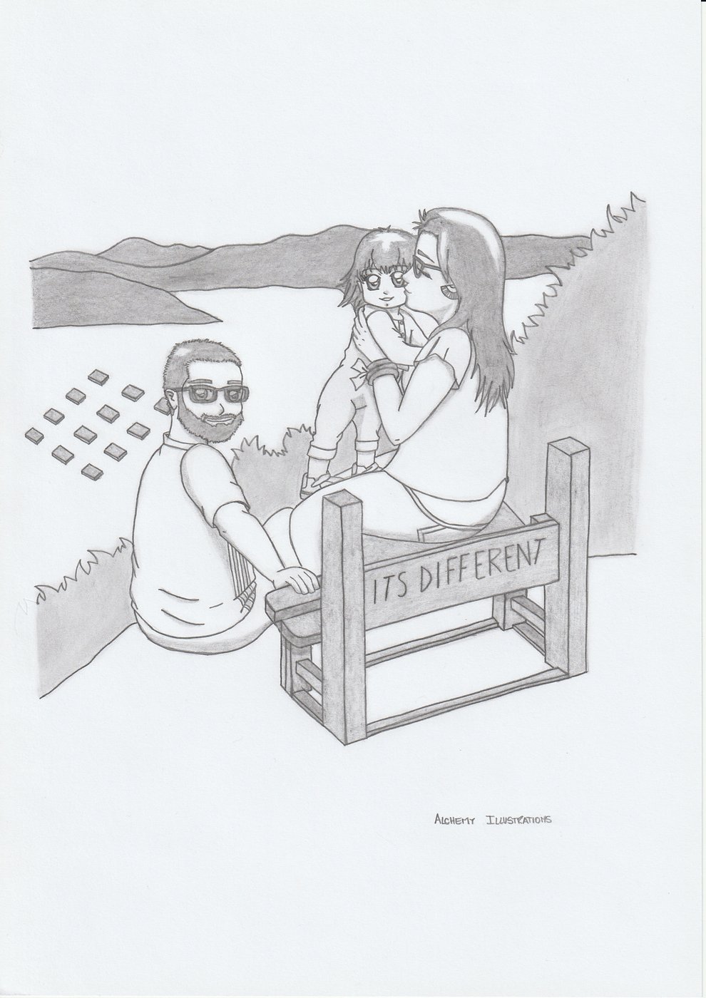 Hand-drawn portrait of a couple with their child by the lake