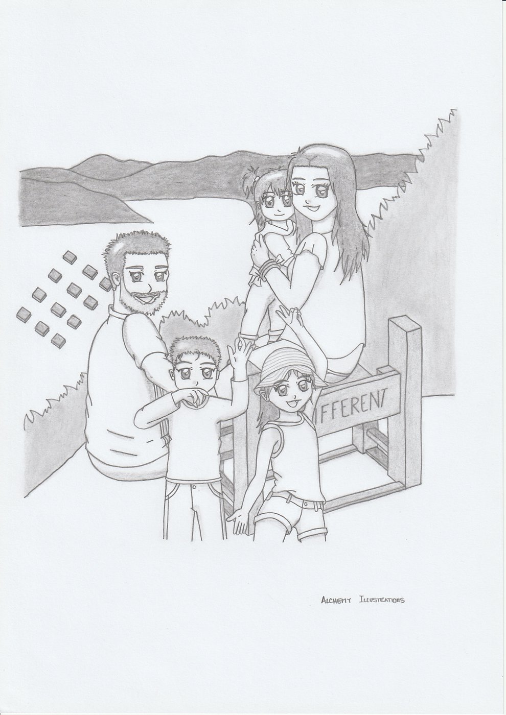 Hand-drawn family portrait by the lake